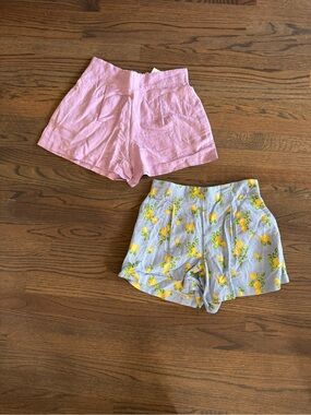 LOFT 2 Pack Linen Blend Pleated Shorts XS Lavender Lemon Print NWT